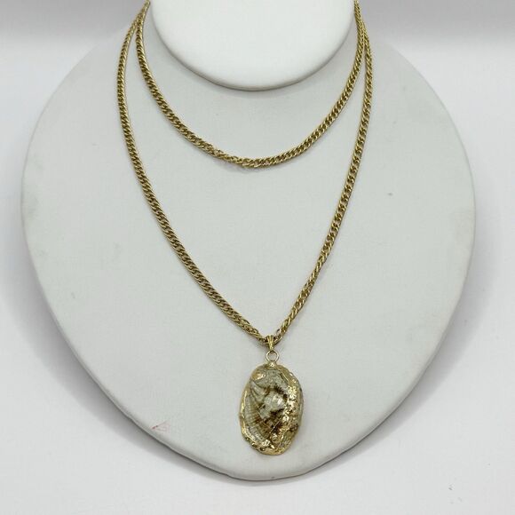 Vintage Gold Dipped Abalone Shell Long Necklace Coastal Beachy Bohemian 27” - Picture 9 of 11